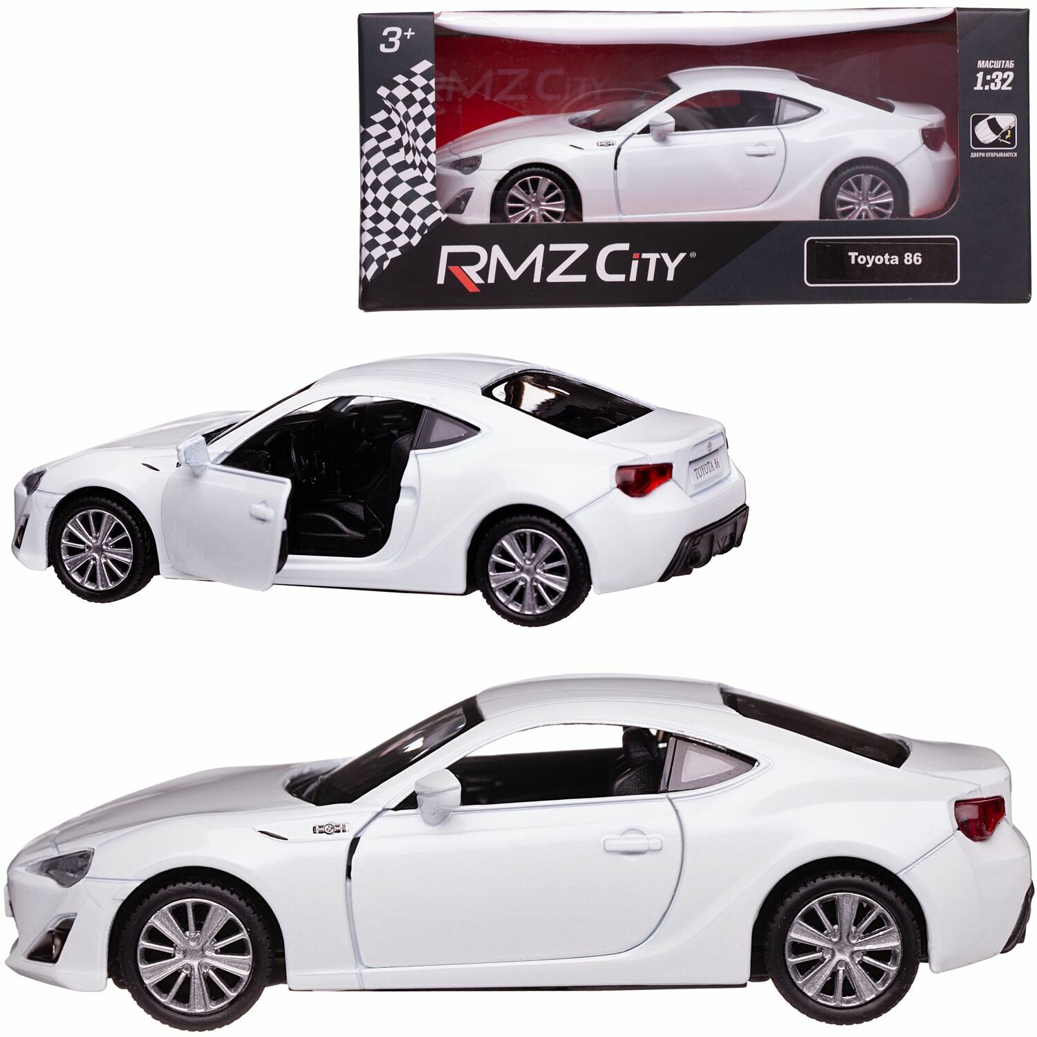 Машина металлическая RMZ City серия 1:32 Toyota FT86, инерционная, цвет белый, двкри открываются