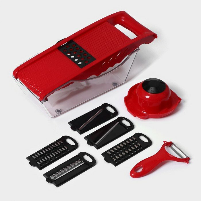 фото Тёрка с лотком Доляна Vegan, 6 насадок, 30×10,5×11 см, цвет зелёный, овощечистка металлическая, цвет красный
