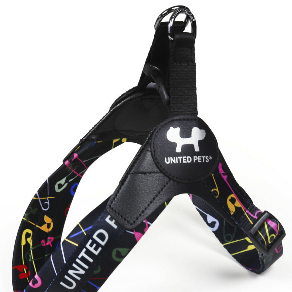 фото United Pets Complete me 1.5 - XS шлейка для собак, 34-42 см, черная с разноцветными булавками