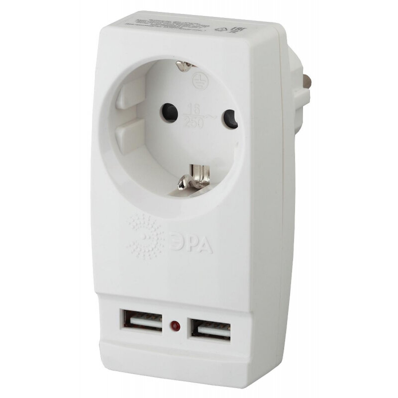 Тройник ЭРА 1 розетка, 2 USB, белый (SP-1e-USB-W)