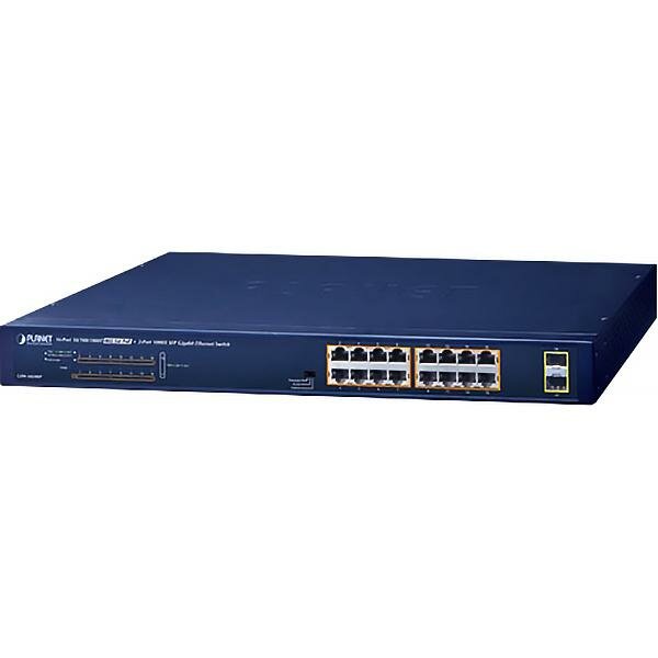 PLANET GSW-1820HP 16-Port 10/100/1000T 802.3at PoE + 2-Port 1000X SFP Ethernet Switch (240W PoE Budget, Standard/VLAN/Extend mode)