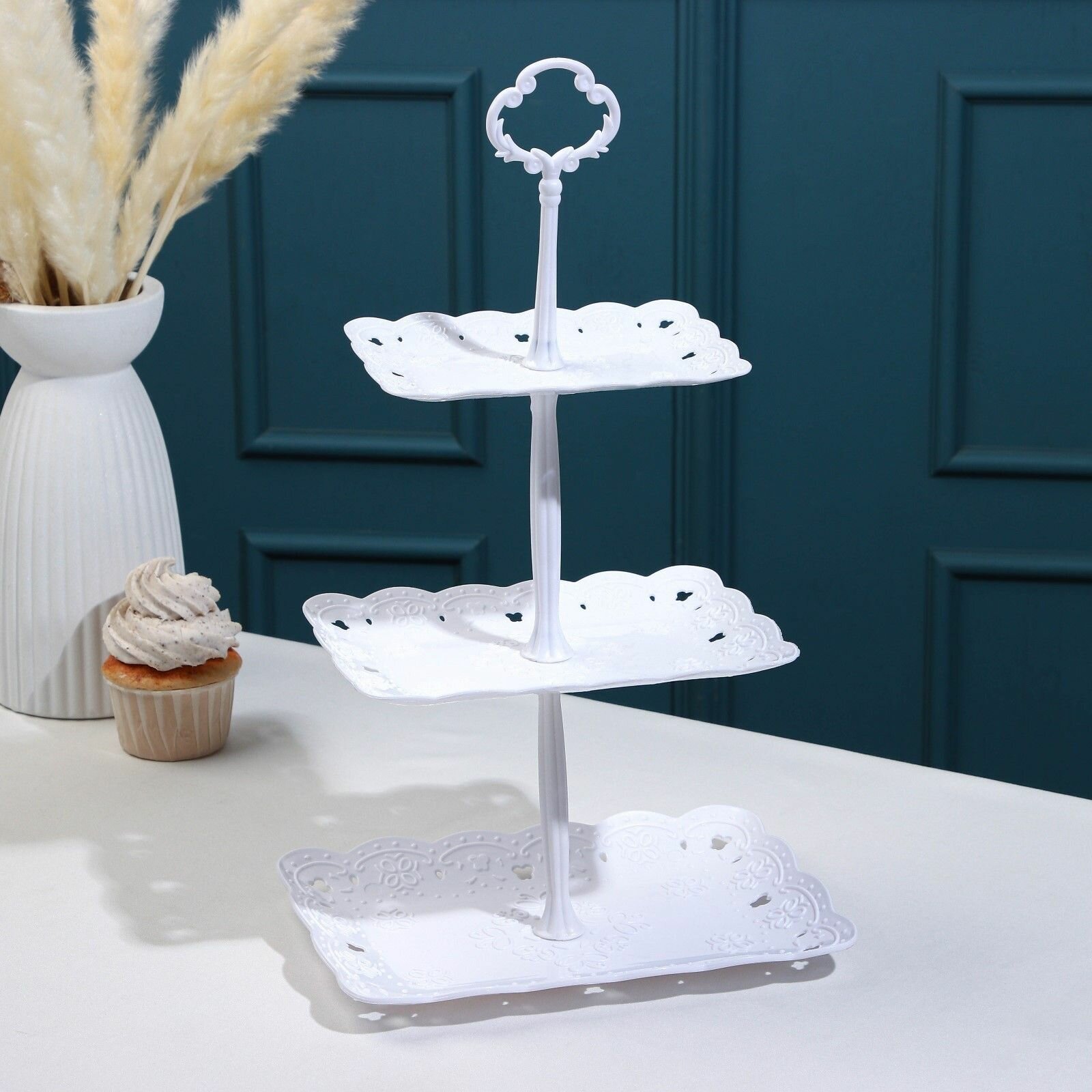 фото Этажерка-фруктовница прямоугольная Доляна «Вивьен», 3 яруса, 15,5×11 см, 19,2×13,8 см, 22,7×16,4 см, цвет белый