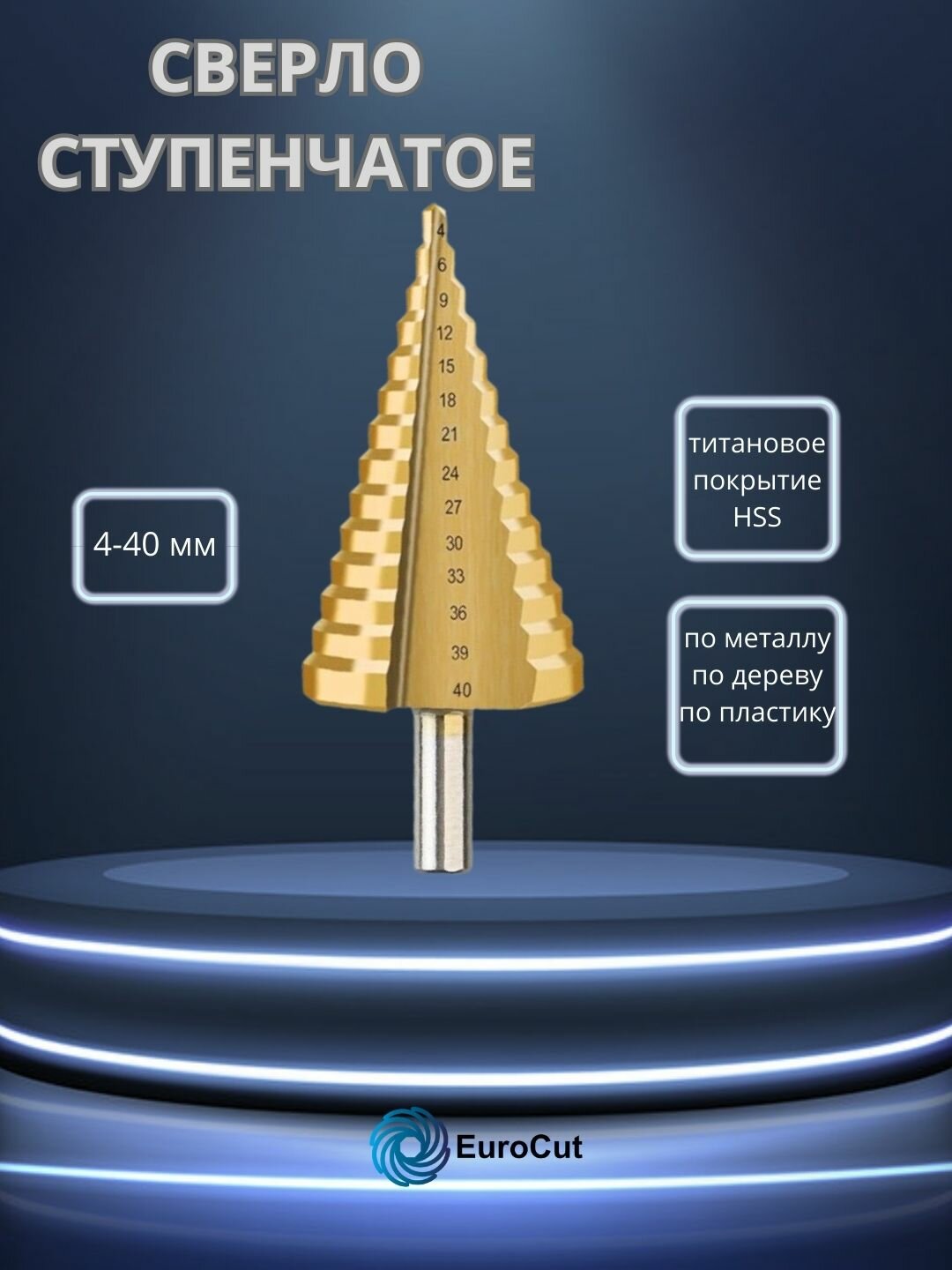 Сверло ступенчатое Д4-40 HSS с титановым покрытием (код 7-015)