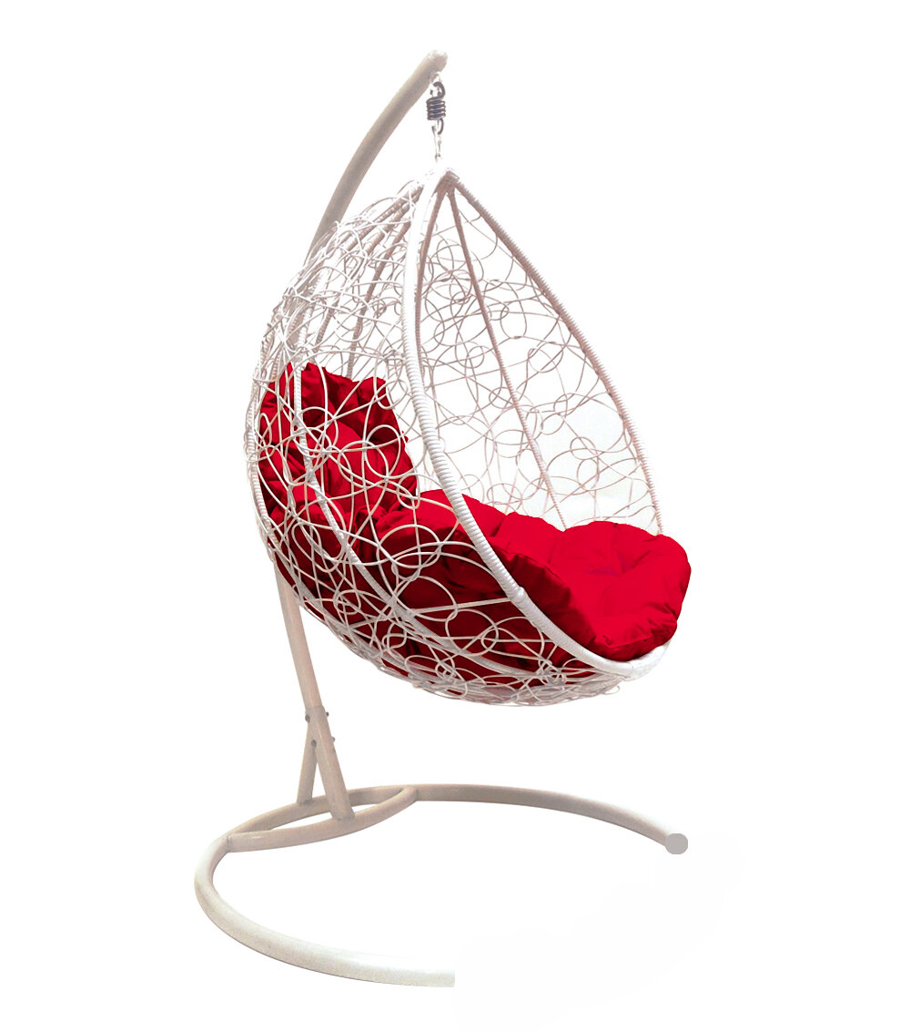 Подвесное кресло M-group капля с ротангом белое красная подушка