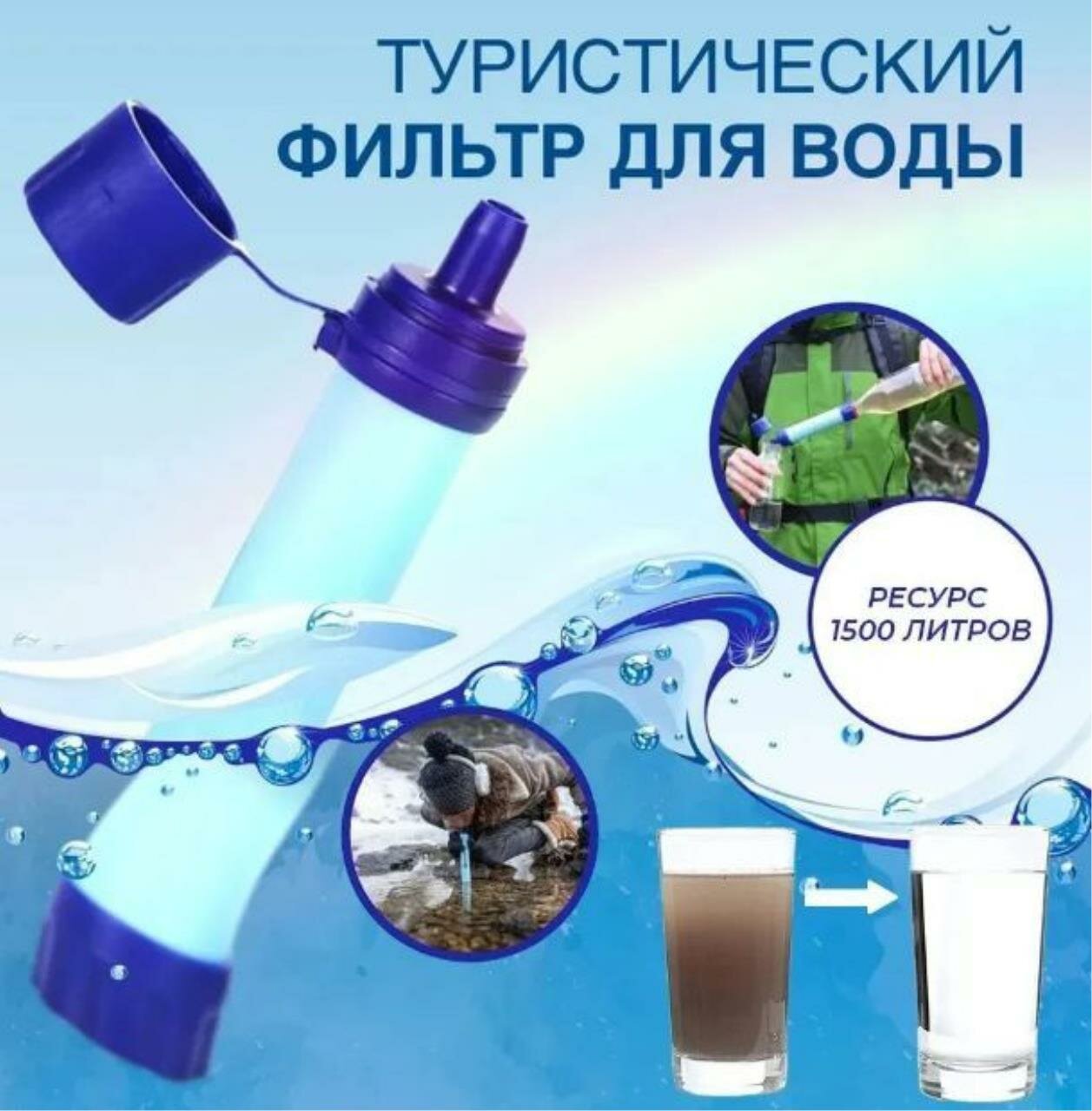 Походный фильтр для воды портативный водоочиститель Туристический фильтр многоразовый - соломинка