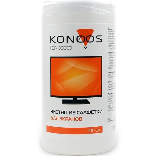 Салфетка влажная Konoos KBF-100 ECO для экранов, крепированная бумага, туба 100шт.