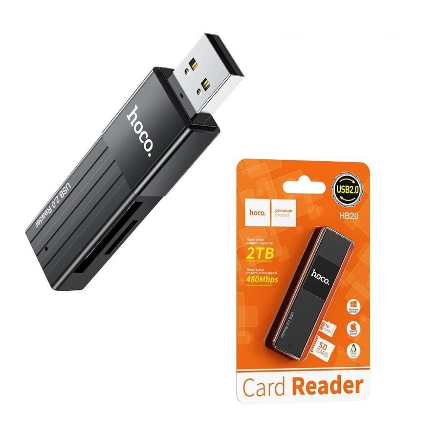 Картридер HOCO HB20 USB2.0 пластик TF/SD-карта