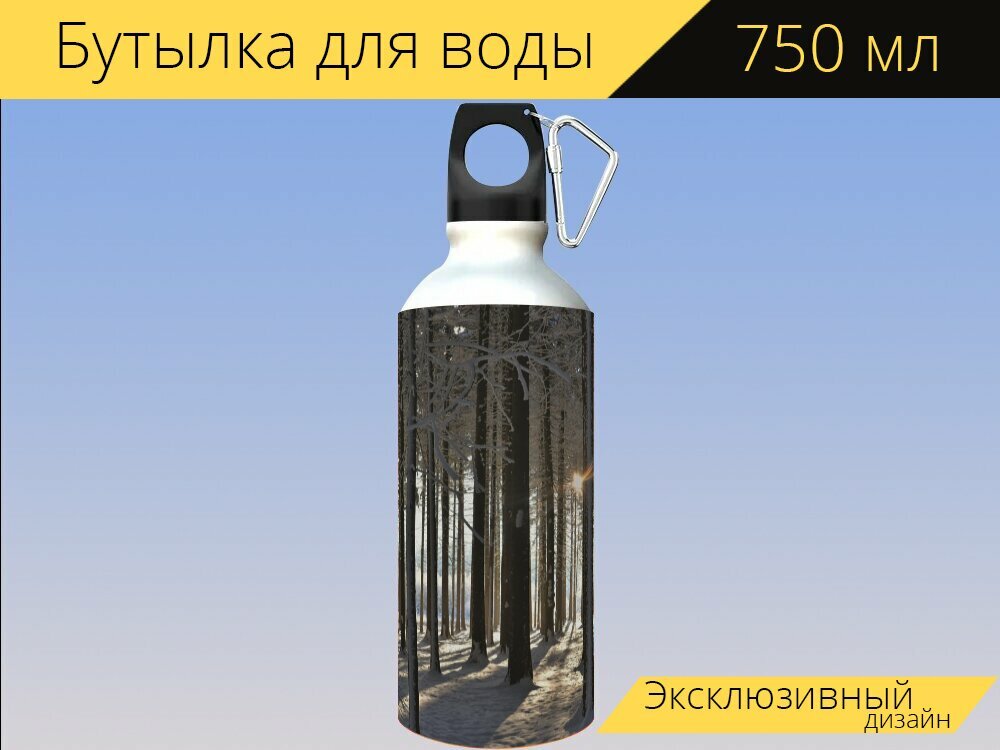 Бутылка фляга для воды "Зима, лес, солнечный свет" 750 мл. с карабином и принтом