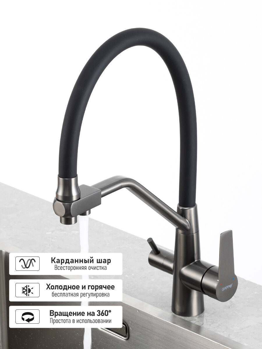 Смеситель для кухни с подключением фильтра питьевой воды Gappo YG4398SS-GG оруж.сталь/чер