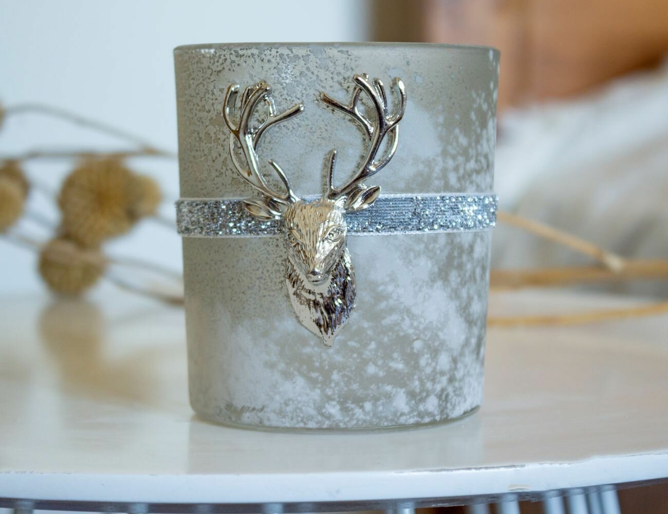 фото Стеклянный новогодний подсвечник под знаком оленя, дымчатый, 10 см, Kaemingk