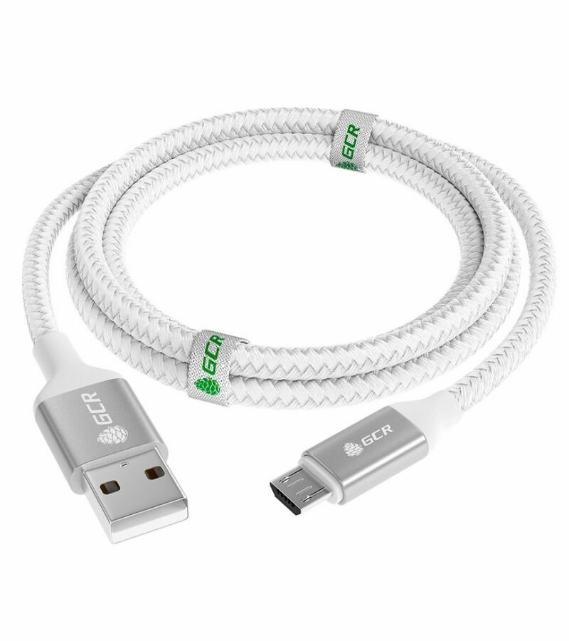 GCR QC Кабель 1.0m MicroUSB, быстрая зарядка, белый нейлон, AL корпус серебро, белый ПВХ, 28/24 AWG, GCR-52468 Кабель Greenconnect 1 м (GCR-52468) - фото №1