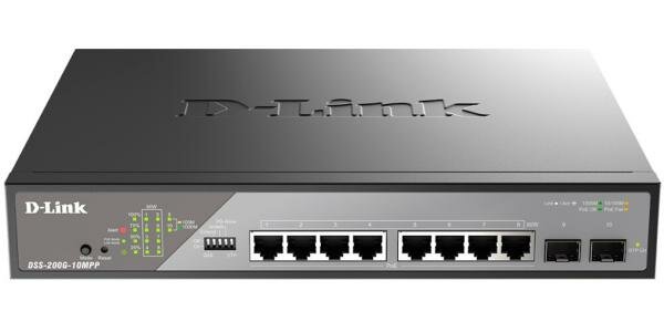 D-Link Smart L2 Surveillance Switch 8х1000Base-T PoE 802.3bt 90W, 2x1000Base-X SFP, PoE Budget 242W, Long-range PoE up to 250m