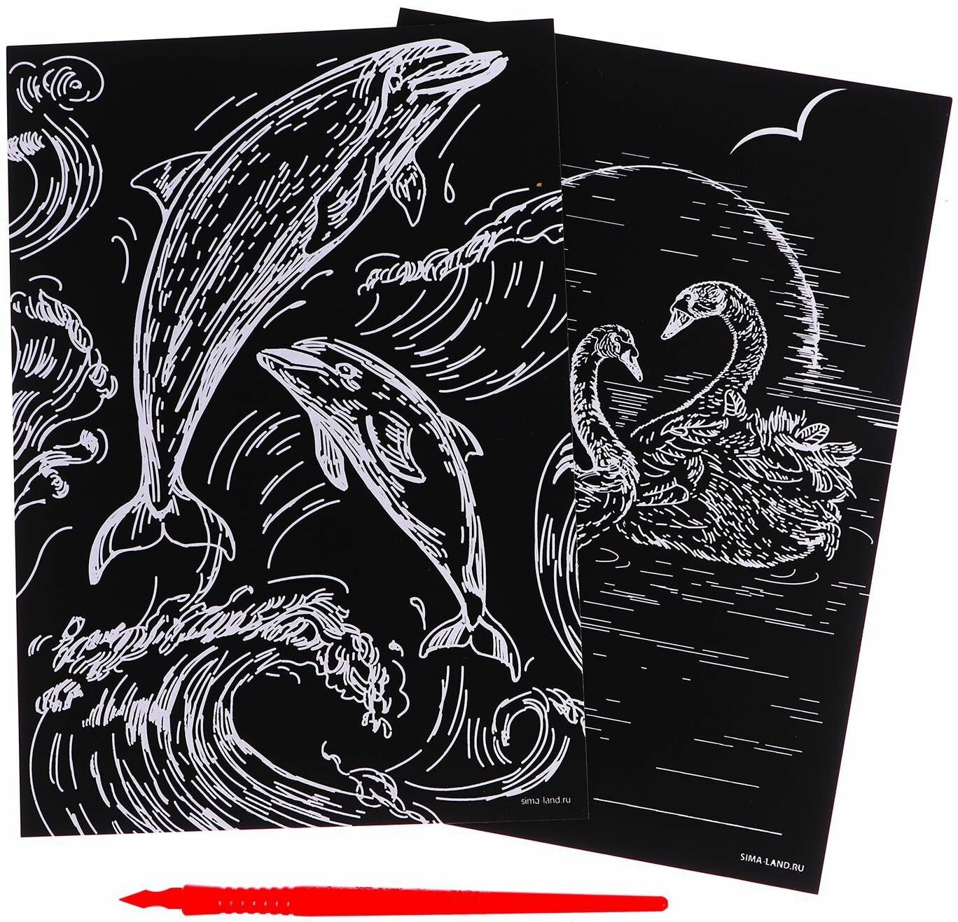 Набор гравюр "Дельфин и лебеди" со штихелем, с металлическим эффектом "золото", 2 шт, А5, основа для картины с нанесенным контуром, набор для рисования и творчества, скретчинг