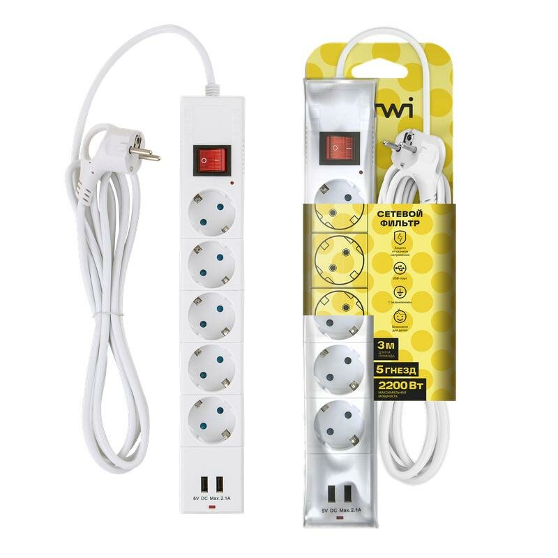 фото Фильтр сетевой 5х3м с/з со шторками ПВС 3 IP075 2USB 2200Вт 10А бел. Duwi 32592 5