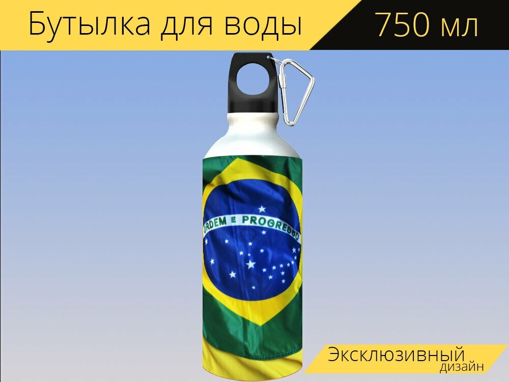 Бутылка фляга для воды "Бразильский флаг, порядок и прогресс, олимпийские игры в бразилии" 750 мл. с карабином и принтом