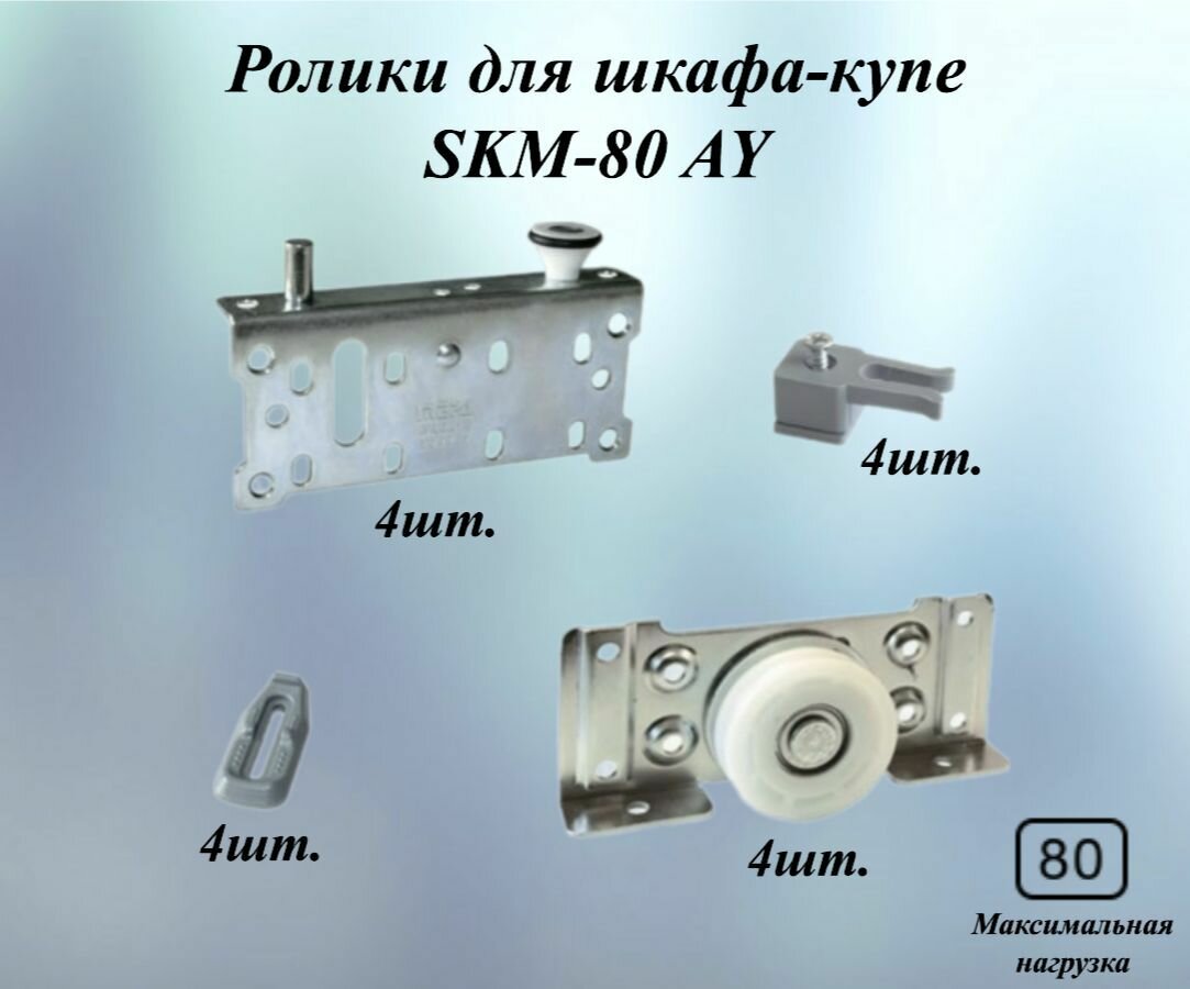 Ролики для шкафа-купе SKM-80 AY, комплект для двух дверей, со стопорами, для систем MEPA (Турция)