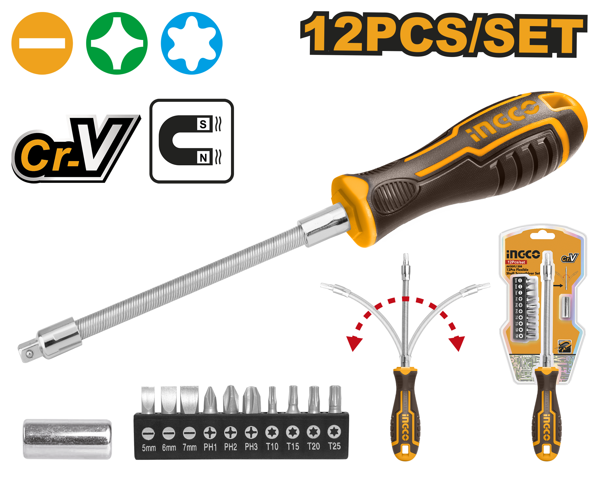фото Отвертка гибкая с битами INGCO AKSDFL1208 12 шт.