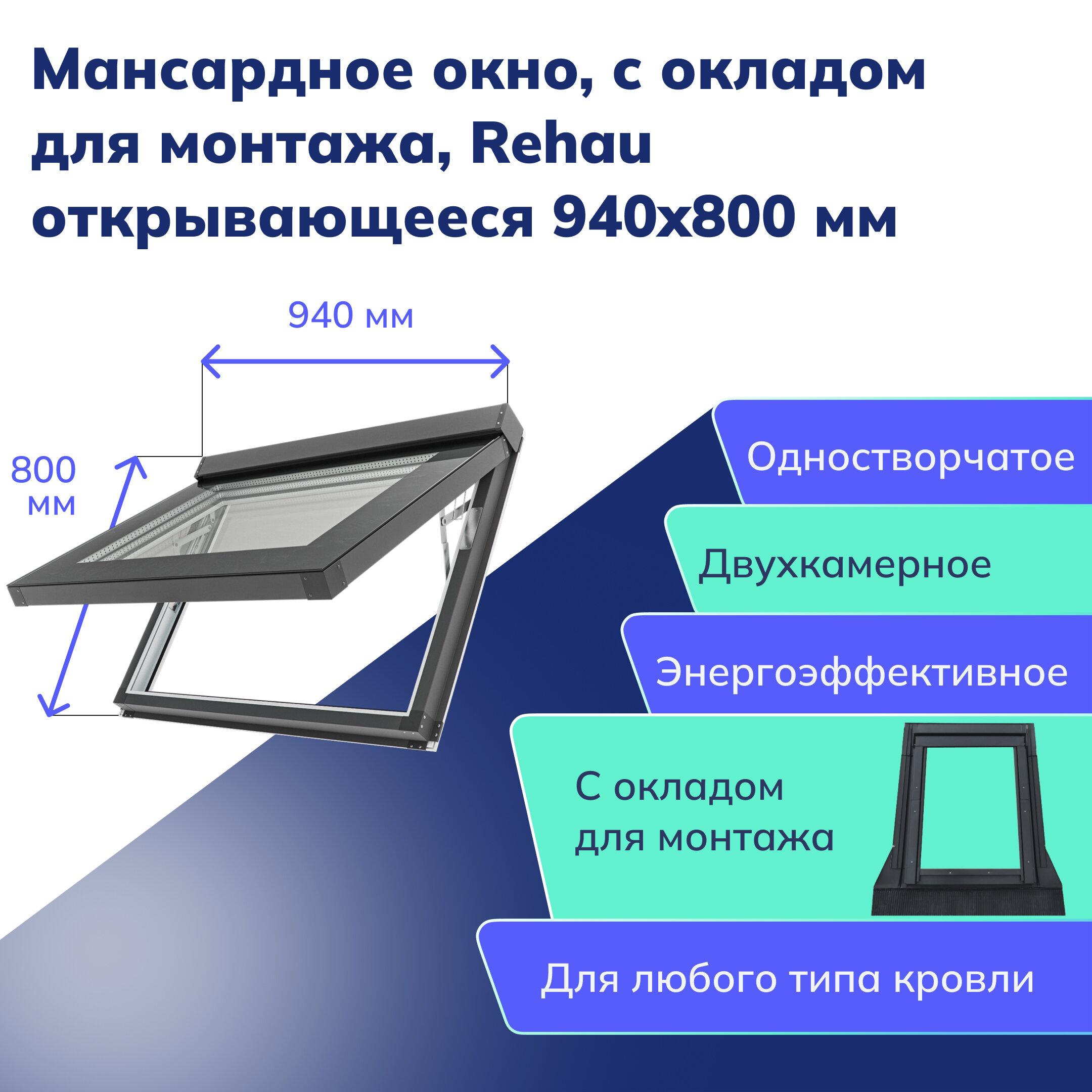 Мансардное окно Rehau открывающееся 940x800 мм