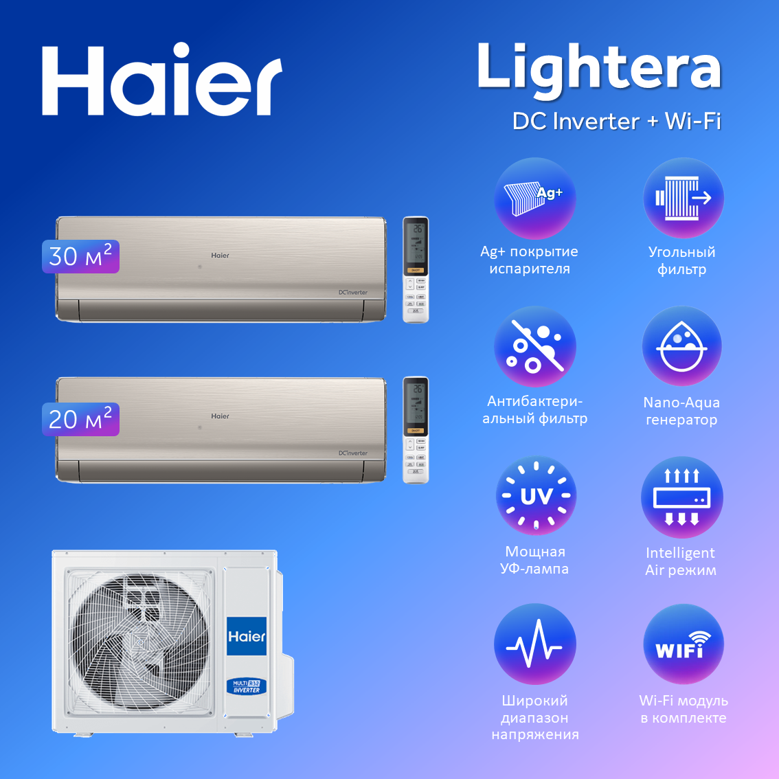 Мульти сплит система на 2 комнаты Haier Lightera Super Match AS09NS6ERA-W+AS12NS6ERA-W/2U50S2SM1FA с Wi-Fi