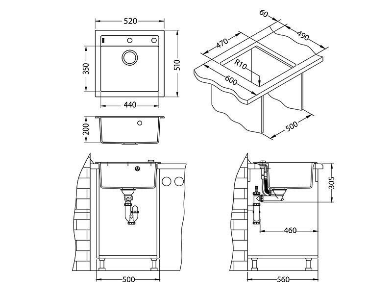 Кухонная мойка Alveus Granital+ Formic 20 Twilight-G05M 520х510х200 с сифоном, черная (1103766)