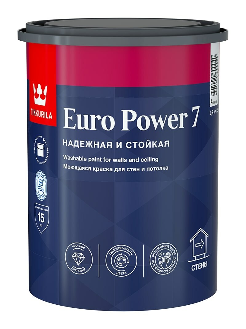 Краска для стен и потолков Tikkurila Euro Power 7 цвет белый 0.9 л