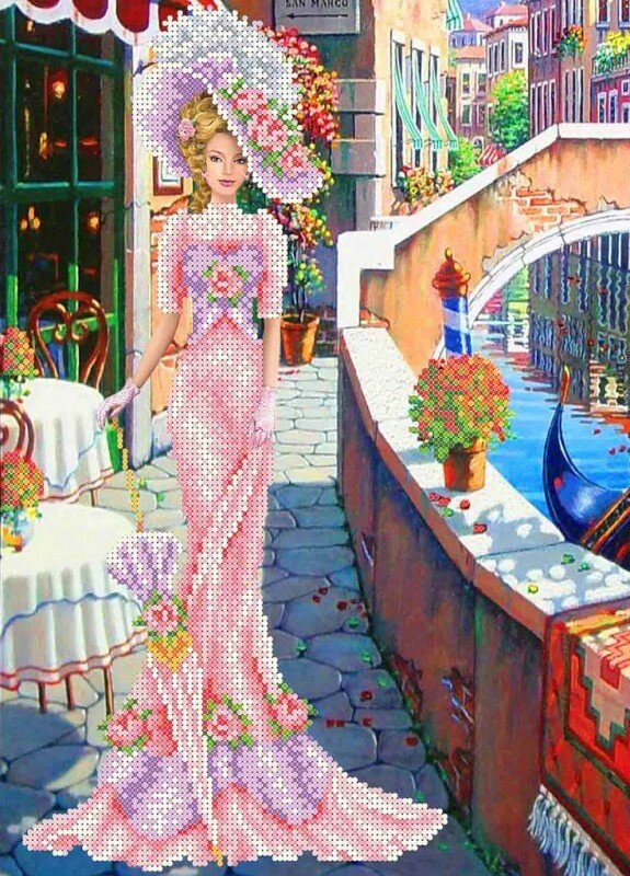 Дама в розовом #кблн(Ч) 3014/1 Каролинка Набор для вышивания 27.3 х 36.2 см Вышивка бисером
