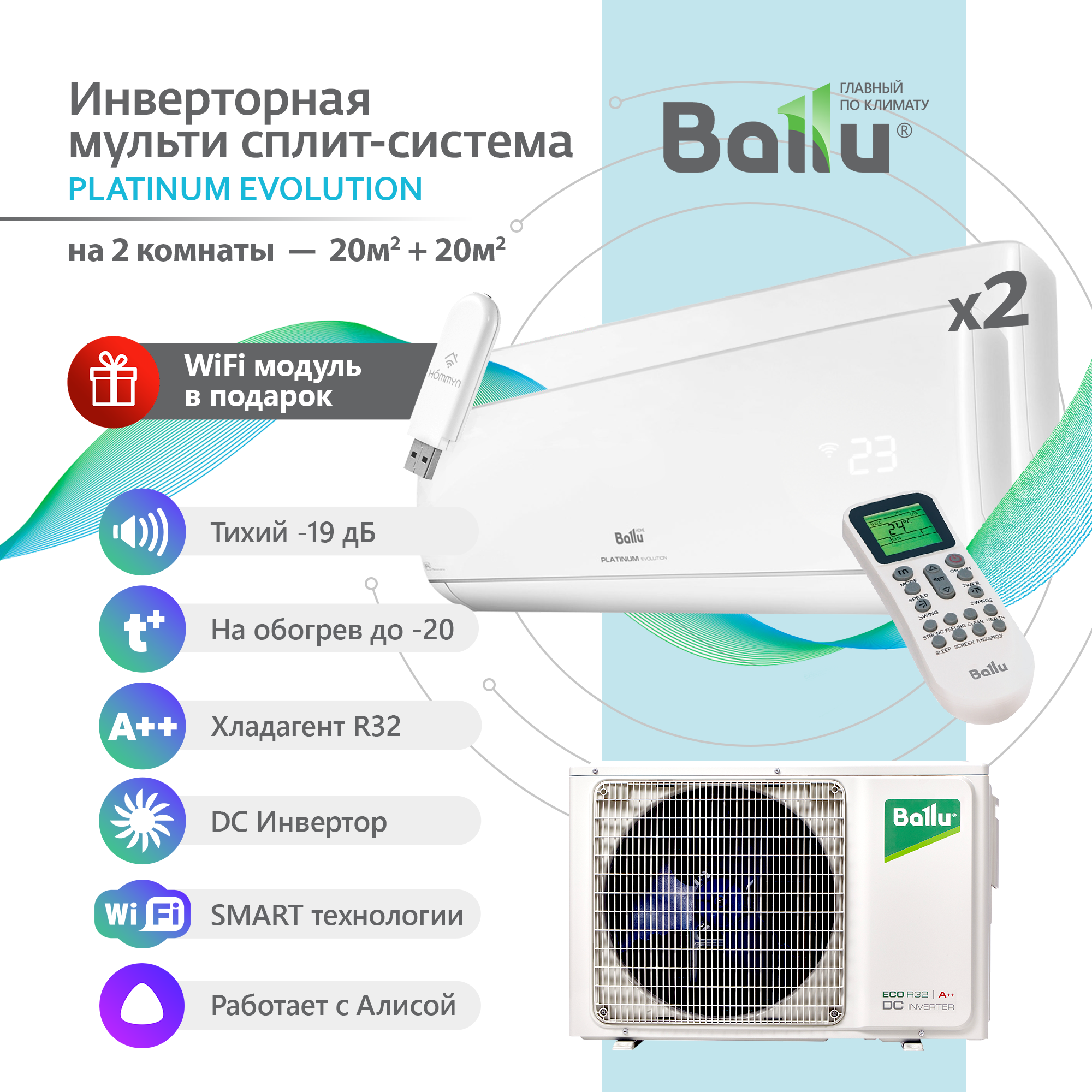 Инверторная Мульти сплит-система BALLU на 2 комнаты (20м2 + 20м2) BA2OI-FM/14HN8+07HN8+07HN8 белый