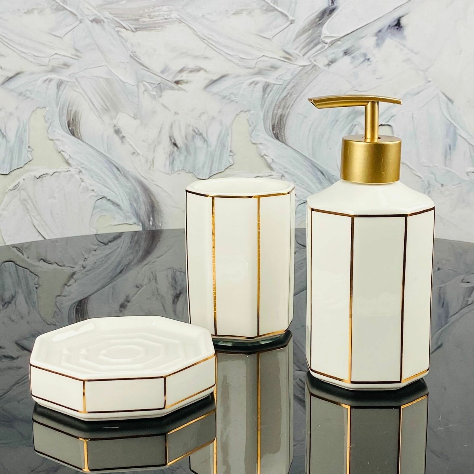 фото Ванный набор 3 предмета Lenardi мыльница, дозатор, стакан для зубных щеток, фарфор