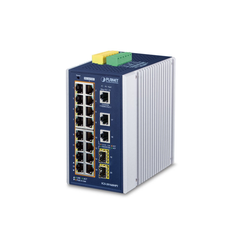 коммутатор/ PLANET IP30 Industrial L2+/L4 16-Port 1000T 802.3at PoE+ 2-Port 1000T + 2-port 100/1000X SFP Full Managed Switch (-4