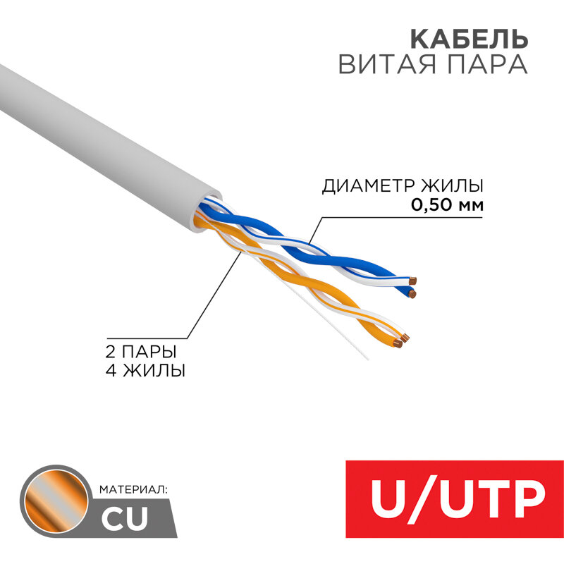 Кабель UTP 2PR 24AWG CAT5e 305м Rexant 01-0023