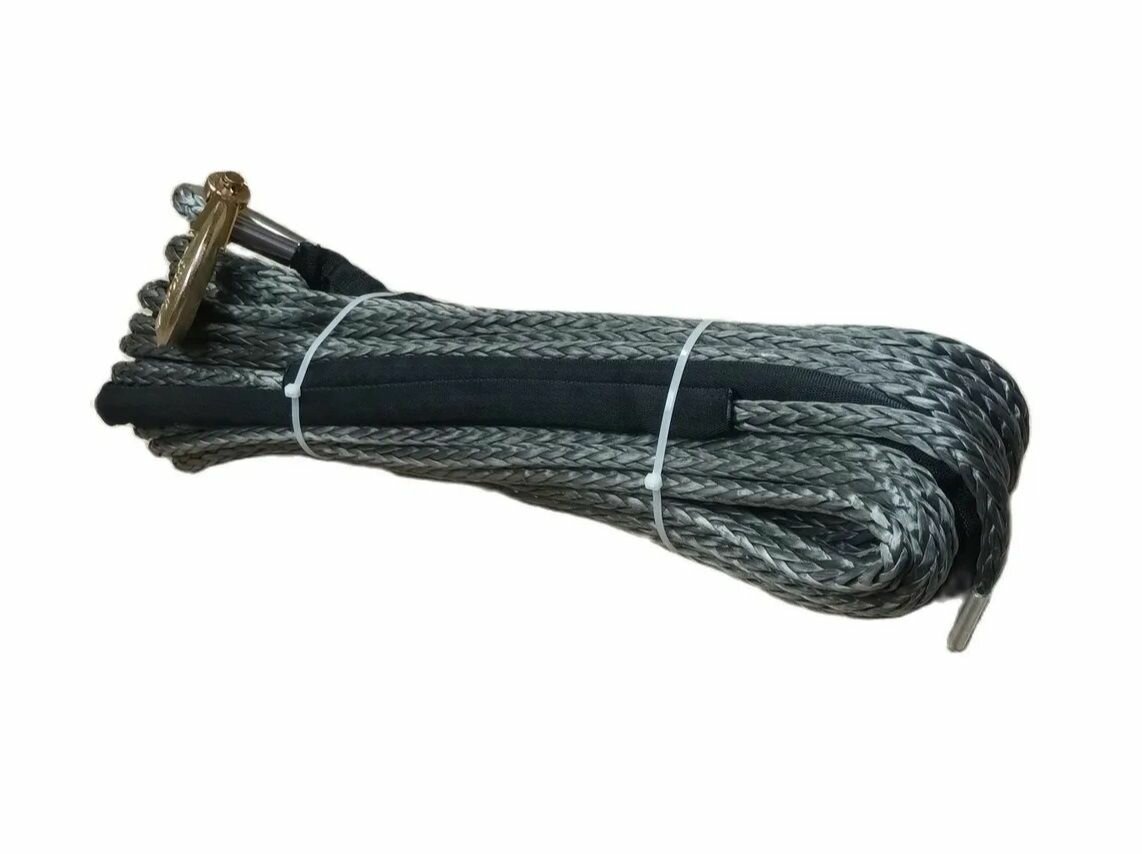 Трос синтетический для автомобильной лебедки 10 мм 25 м с крюком и коушем (серый)