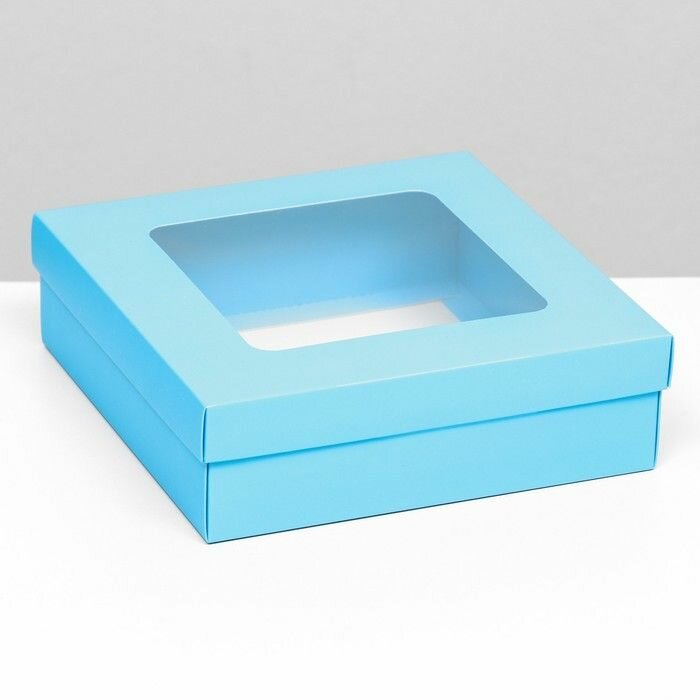Коробка складная, крышка-дно, бирюзовая, с окном 20 х 20 х 6 см - фотография № 1