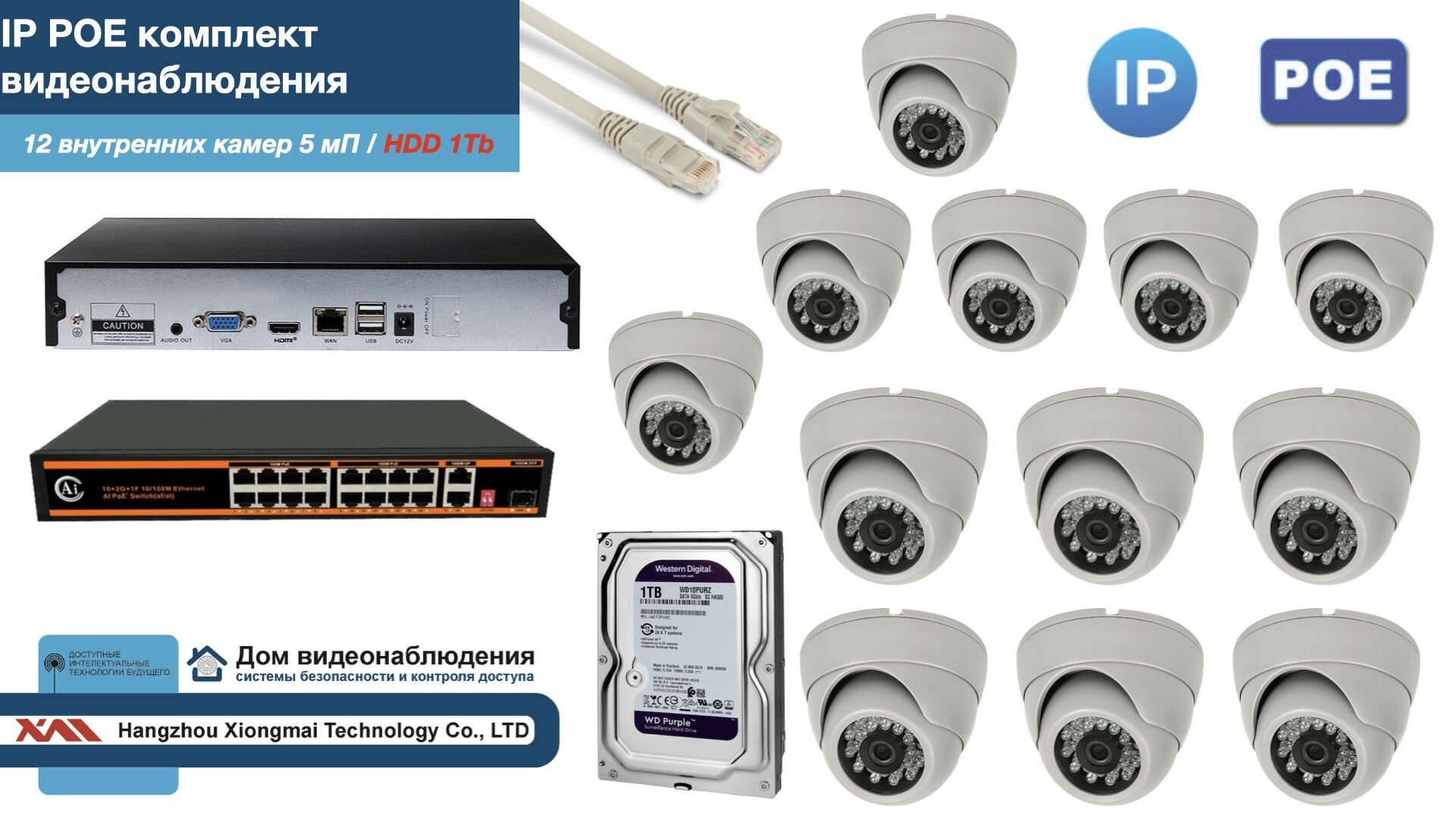 Полный IP POE комплект видеонаблюдения на 12 камер (KIT12IPPOE300W5MP-HDD1Tb)