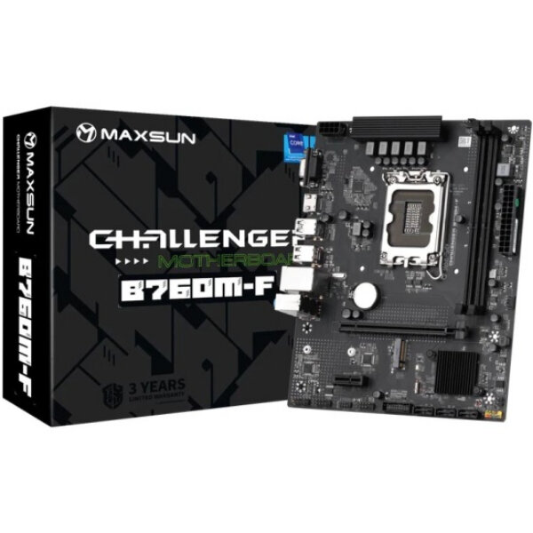 Материнская плата Maxsun Soc-1700 MS-Challenger B760M-F 2xDDR4 1xPCIEx161xPCIEx11xM.2 Front2xUSB32xUSB2 Rear2xUSB34xUSB2 3xSATA3 1GLan VGA