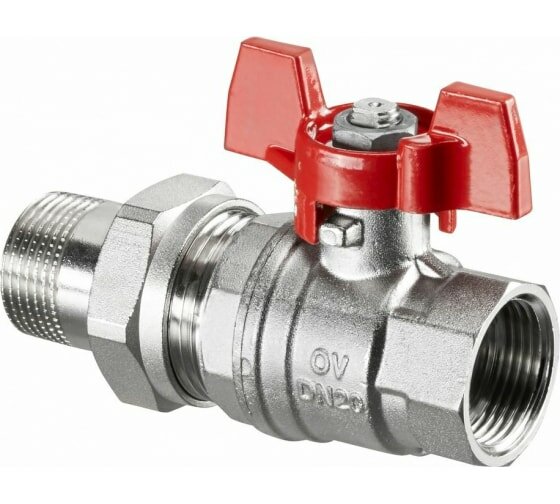 фото Кран шаровой, Oventrop, Optibal, полнопроходной, DN-32, 1 1/4", НВ, PN, бар-16, ручка-бабочка, латунь, никелированный, с ниппелем и НГ Oventrop