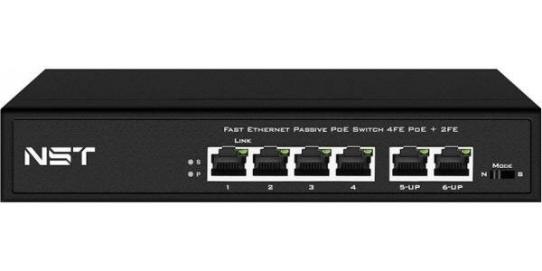 Passive PoE коммутатор Fast Ethernet на 6 портов. Порты: 4 х FE (10/100 Base-T, 52V 4,5(+) 7,8(–)) совместимы с PoE (IEEE 802.3af/at), 2 x FE (10/100