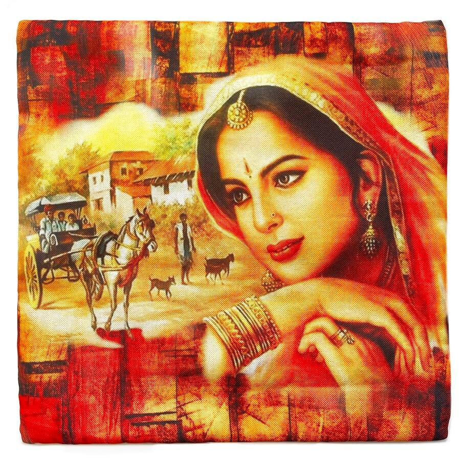 фото Чехол для подушки с печатным рисунком индианка (вискоза, с обратной стороны однотонный на молнии, размер 40 на 40 см.), 1 шт.