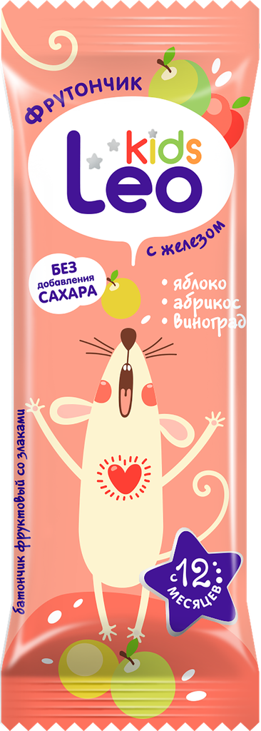 Батончик фруктово-злаковый LEO KIDS Фрутончик, яблоко, курага и рис, с 12 месяцев, 20г