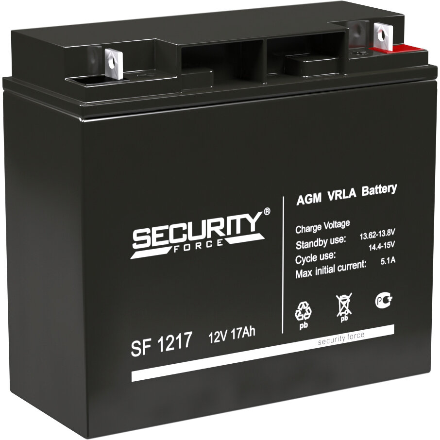 Security Force SF 1217 (12V / 1.5Ah) Батарея SECURITY FORCE серия SF, SF 1217, напряжение 12В, емкость 17Ач (разряд 20 часов), макс. ток разряда (5 сек.) 18А, макс. ток заряда 5.1А