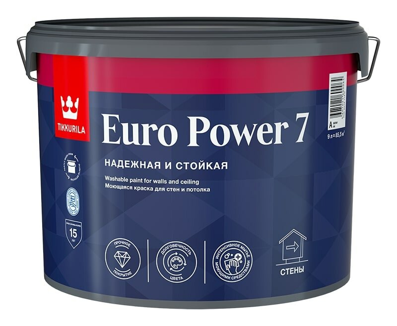 Краска моющаяся Euro Power 7 Tikkurila 9 л База A (белый) матовая