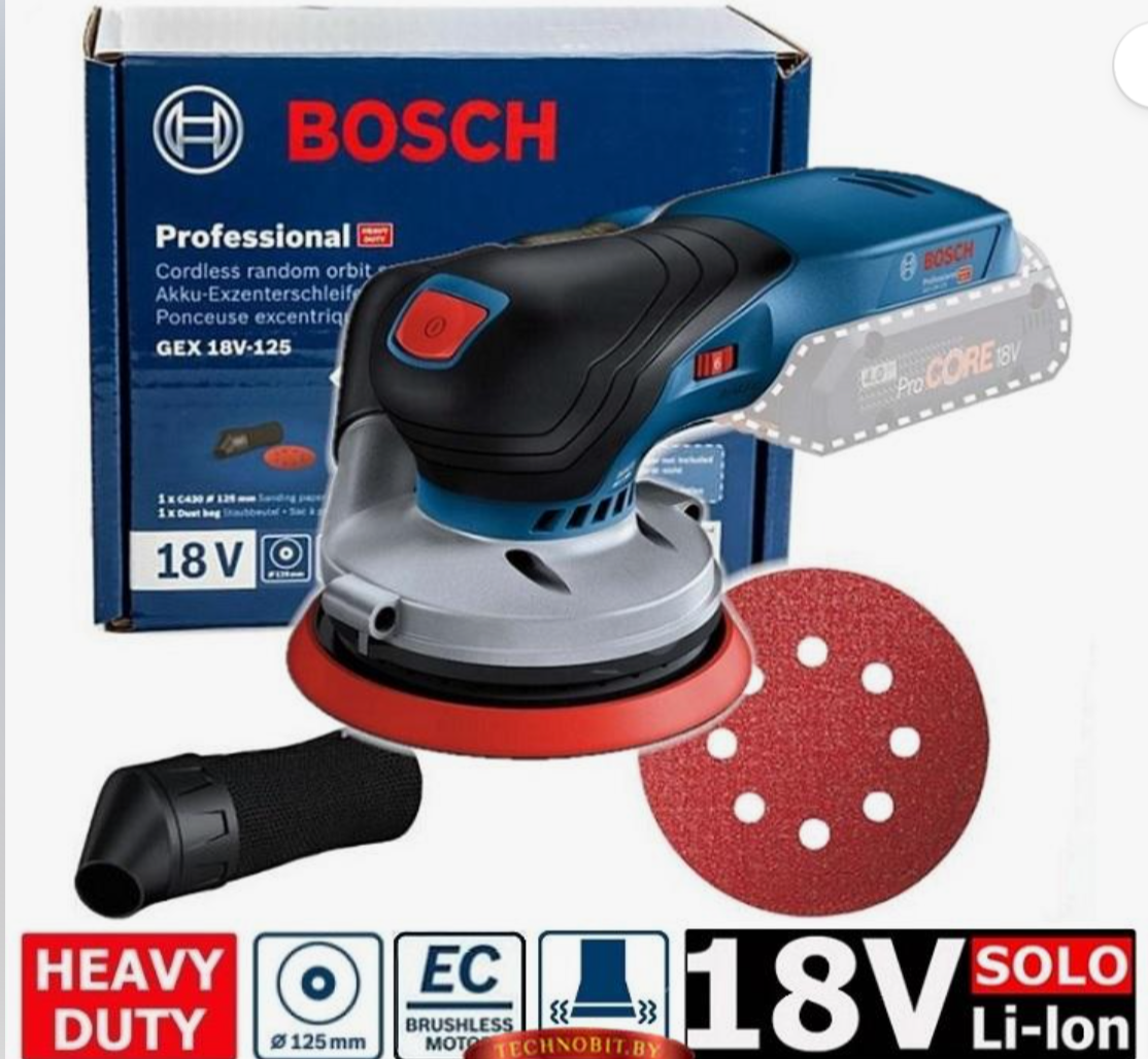 Аккумуляторная эксцентриковая шлифмашина BOSCH GEX 18V-125, 0601372201 (без Ак и Зу). Бесщёточный двигатель.