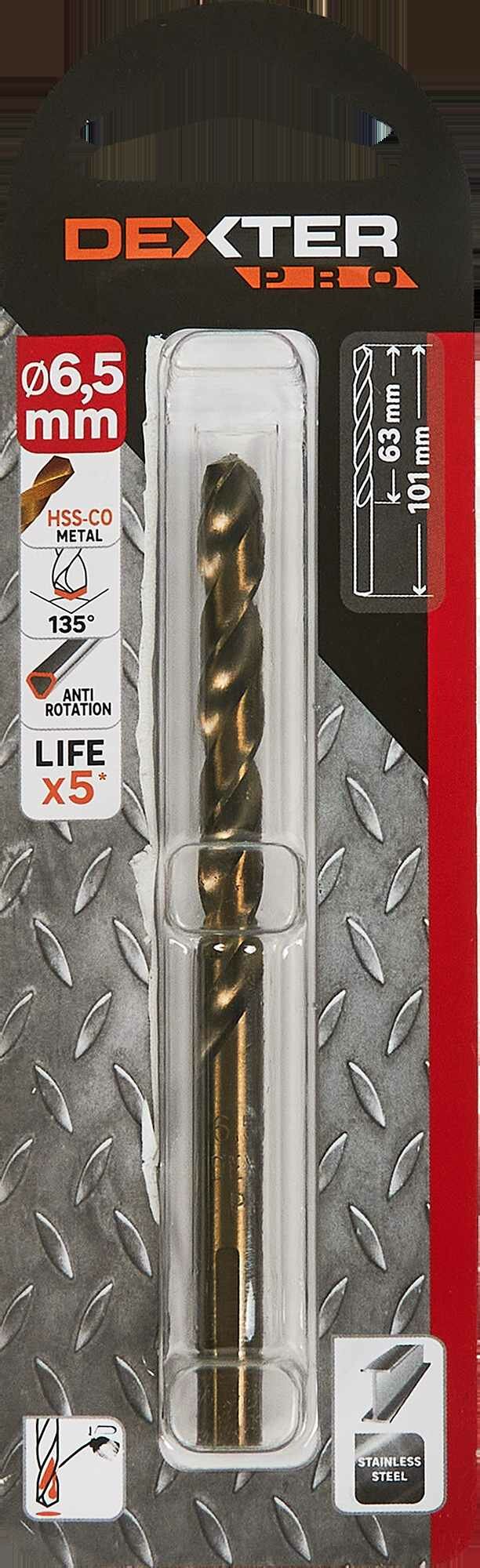 фото Сверло спиральное по металлу HSS-Co Dexter к. Pro 113-04284 6.5x101 мм