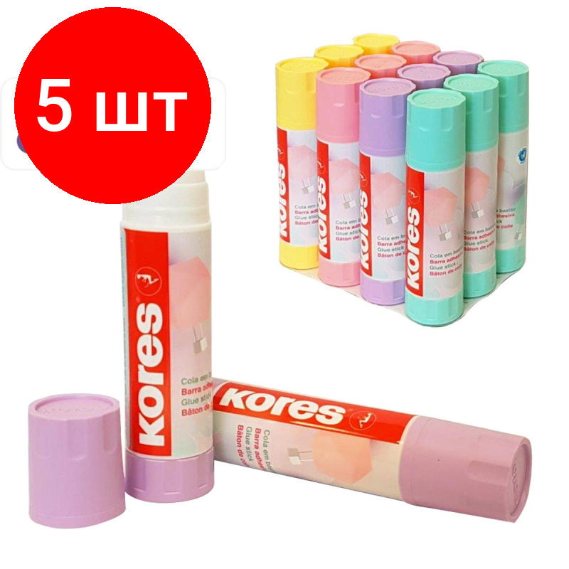 фото Комплект 5 штук, Клей-карандаш 40г Kores Pastel ассорти:розовый, желтый, фиолетовый ,мятный