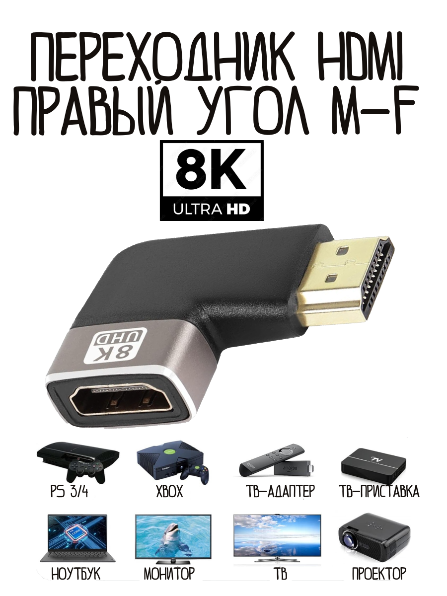 Переходник HDMI 2.1 правый угловой 90 градусов 8K m-f папа-мама