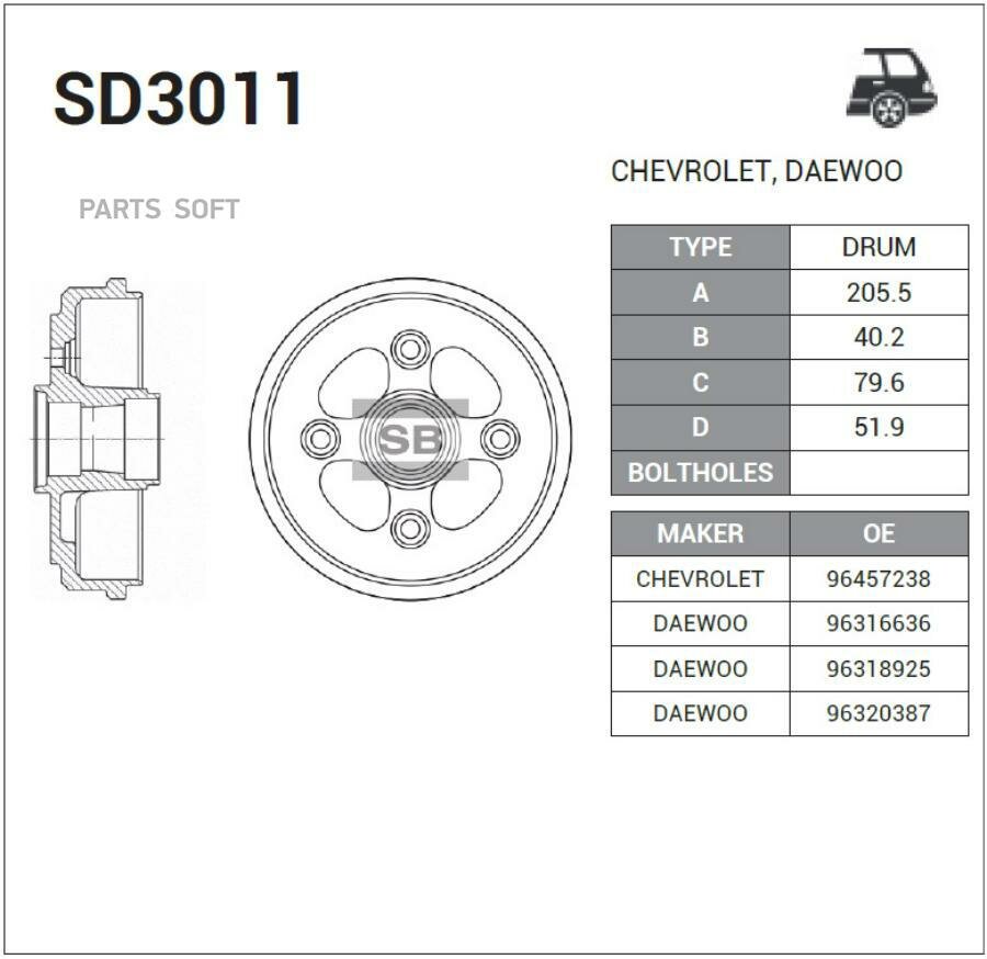 SANGSIN BRAKE SD3011 _барабан тормозной!\ Daewoo Matiz 0.8/1.0 98>