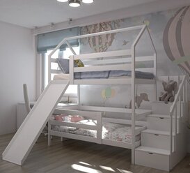 Кровать детская, подростковая "Двухъярусная с лестницей-комодом и горкой", спальное место 160х80, белая, из массива