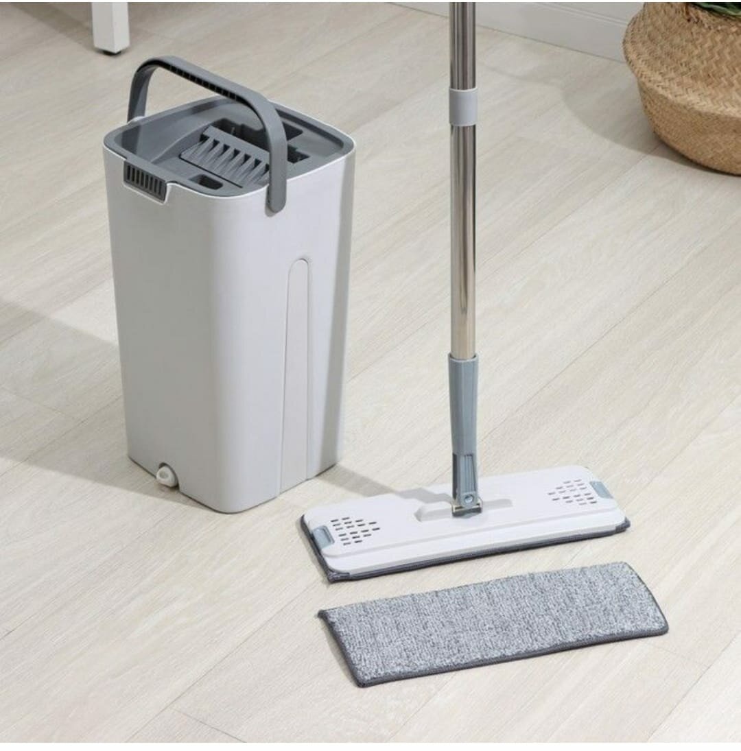 фото Швабра с отжимом и ведро с отсеками, швабра плоская, 2 кармана дополнительная насадка из микрофибры