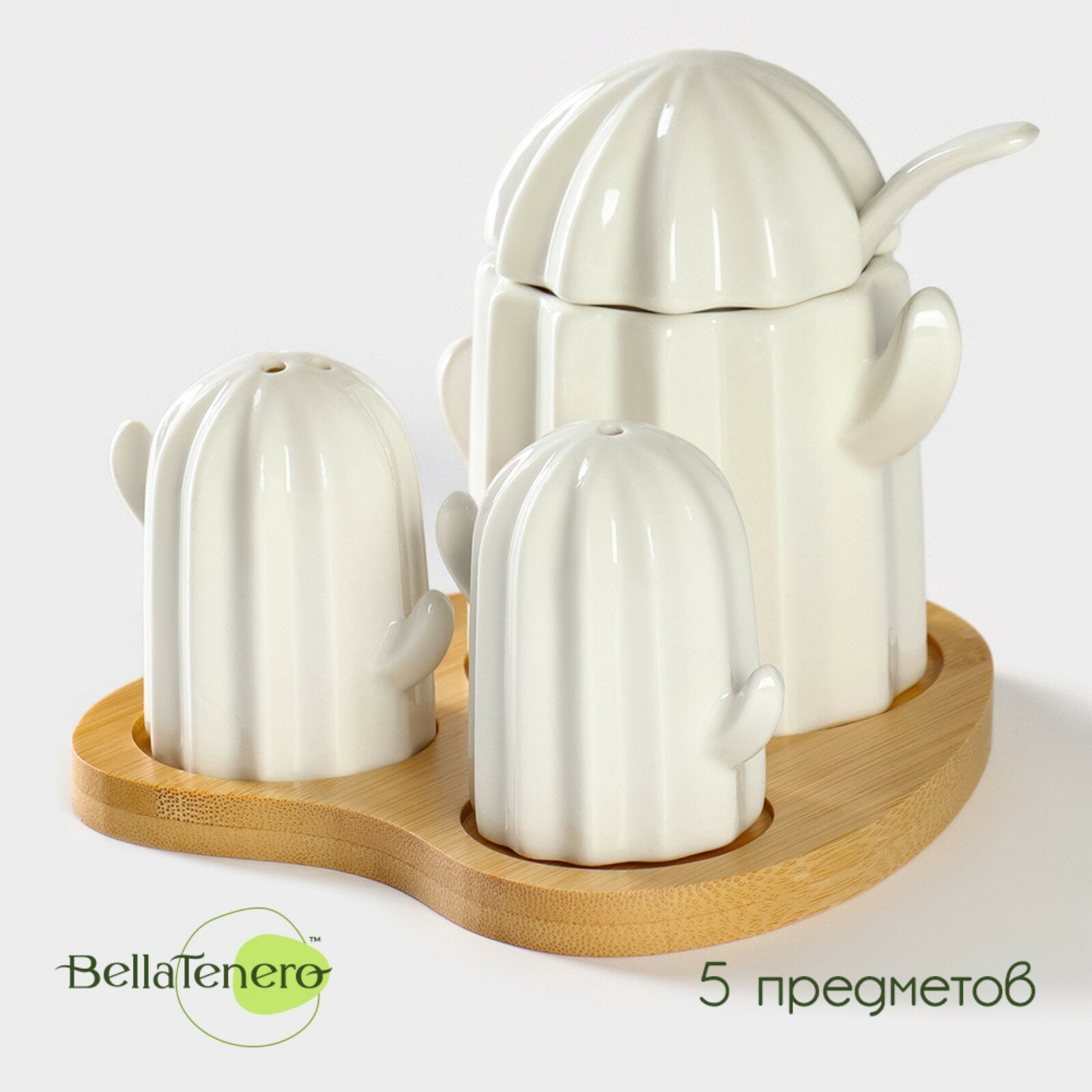 фото Набор фарфоровый для специй на подставке из бамбука «Кактусы», 12×12,5×10 см, цвет белый