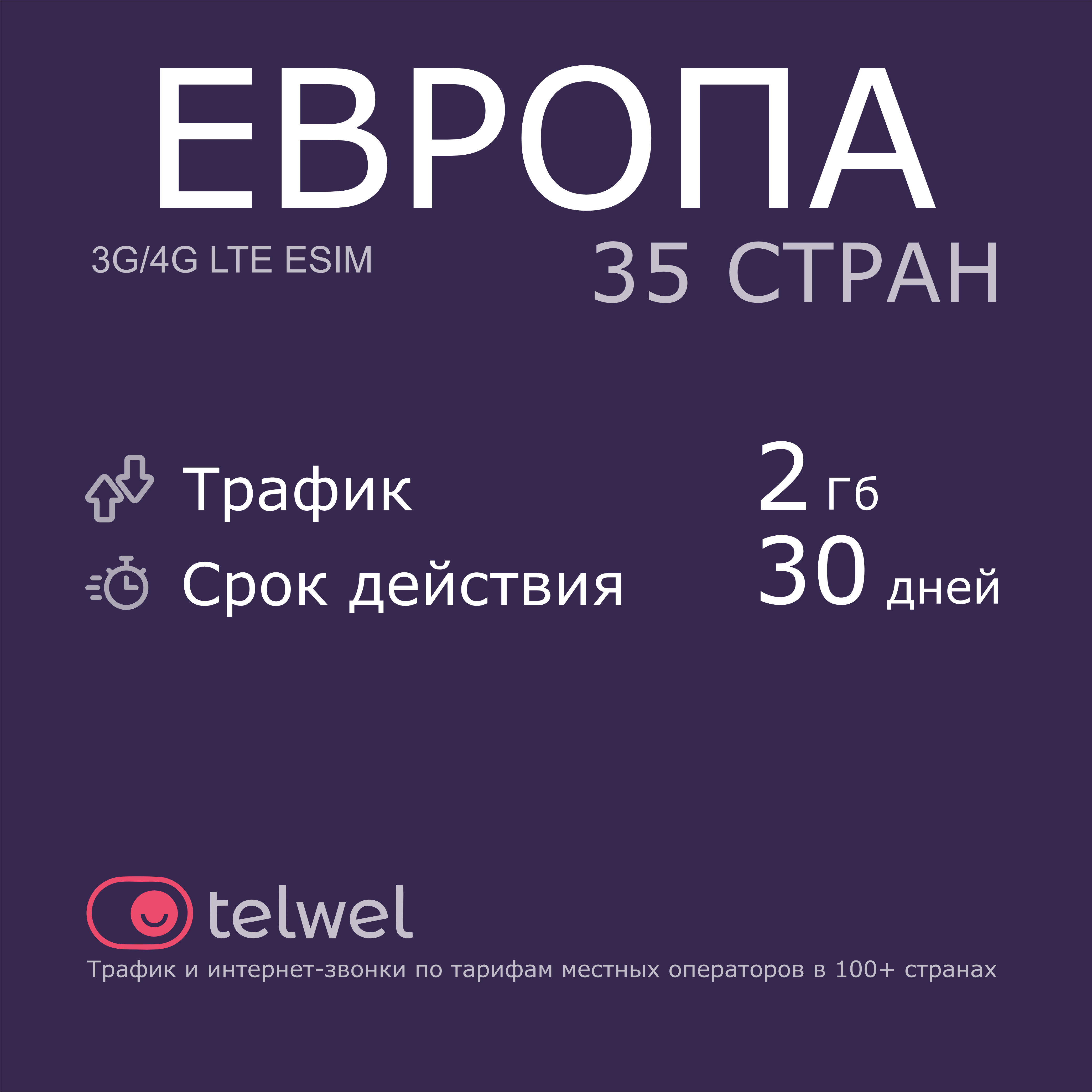 Туристический eSIM "Европа 35 стран 2 Гб/30 дней". Пакет "Трафик и интернет-звонки"