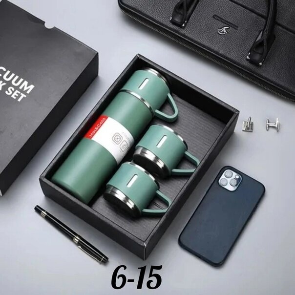 фото ТермоБутылка с чашкой 3в1 стальная для чая/кофе 0.5л. зеленый